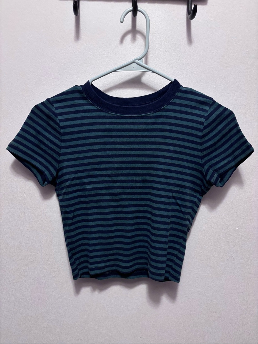 Hollister Navy & Green Striped Crop Tee